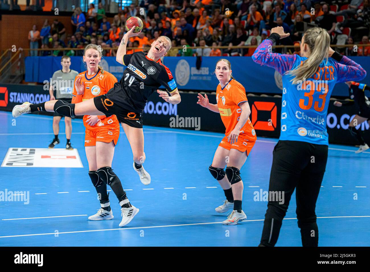 Almere, Netherlands. 23rd Apr, 2022. Handball, Women, EHF Euro, International match, Netherlands - Germany: Antje Lauenroth (Germany/Bietigheim) throws at the goal of goalkeeper Tess Wester (Netherlands). Credit: Marco Wolf/wolf-sportfoto/dpa/Alamy Live News Stock Photo
