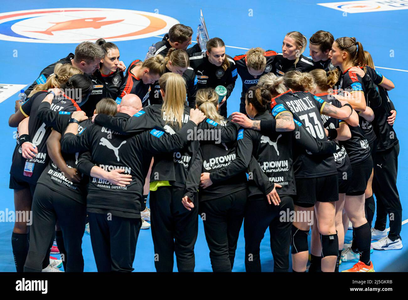 Almere, Netherlands. 23rd Apr, 2022. Handball, Women, EHF Euro, International match, Netherlands - Germany: The team of Germany. Credit: Marco Wolf/wolf-sportfoto/dpa/Alamy Live News Stock Photo