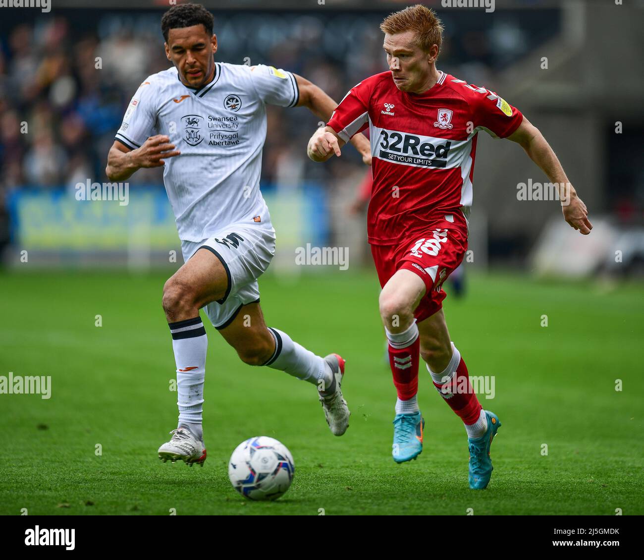 Duncan Watmore #18 of Middlesbrough in action during the game under pressure from Ben Cabango #5 of Swansea City Stock Photo