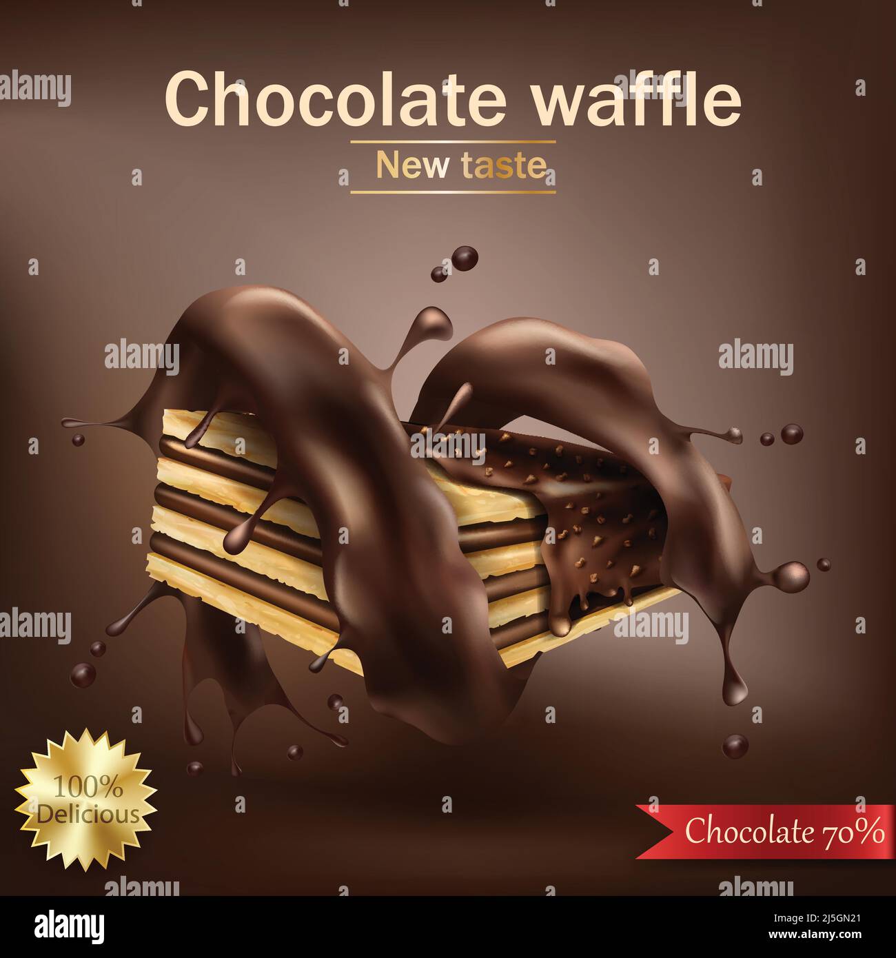 Vector realistic sweet crispy waffle with chocolate filling and nuts ...