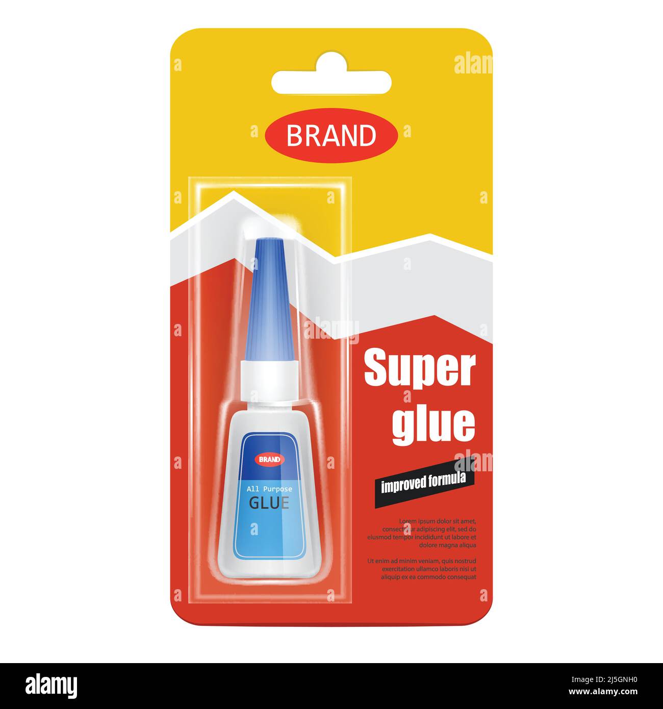 Colorful tube of super fix glue in cardboard and plastic packaging