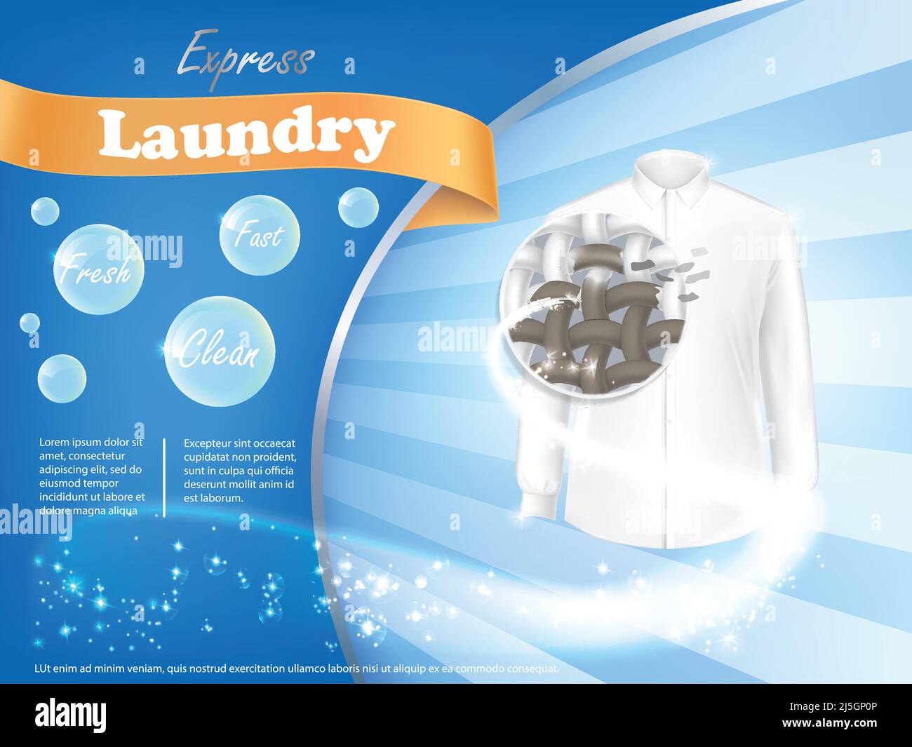 Vector realistic banner with dirty white shirt with close-up of fiber structure and soap bubbles on blue background. Mockup package design laundry det Stock Vector