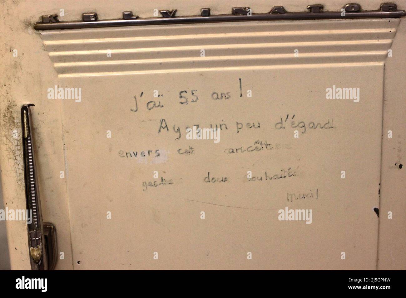 Emmaüs lors son 13e salon Paris Porte de Versailles 23 juin 2012 : frigidaire Kelvinator 'j'ai 55 ans !' Stock Photo