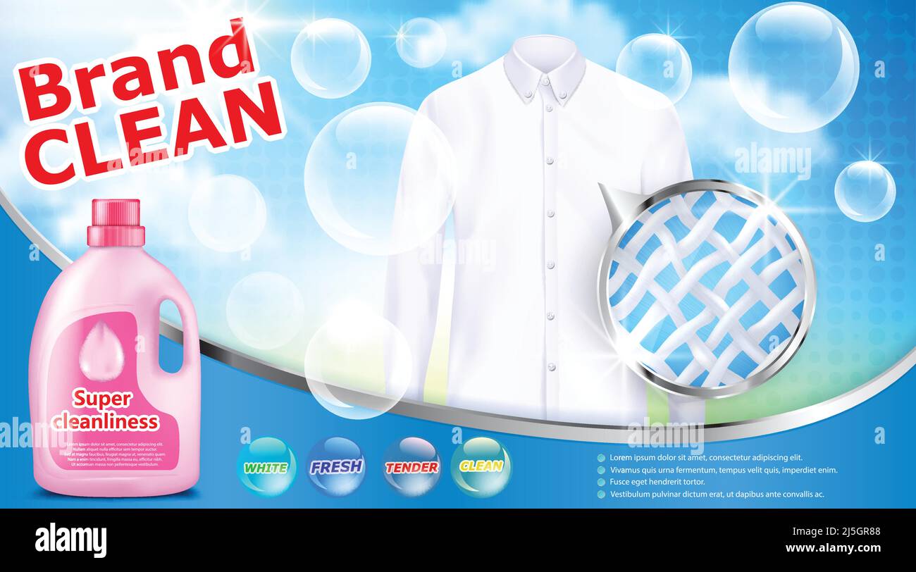 Vector realistic banner with detergent stain remover in pink plastic bottle on blue background with white shirt soap bubbles and close-up of fiber str Stock Vector