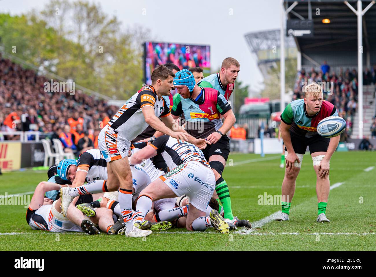 LONDON, UNITED KINGDOM. 23th, Apr 2022.  during Gallagher Premiership Rugby Match between Harlequins vs Leicester Tigers at Twickenham Stoop Stadium on Saturday, 23 April 2022. LONDON ENGLAND.  Credit: Taka G Wu/Alamy Live News Stock Photo