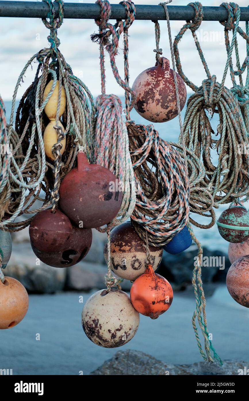 Fishing gear for lobster & crab drying at Beesands Beach, south devon, England Stock Photo