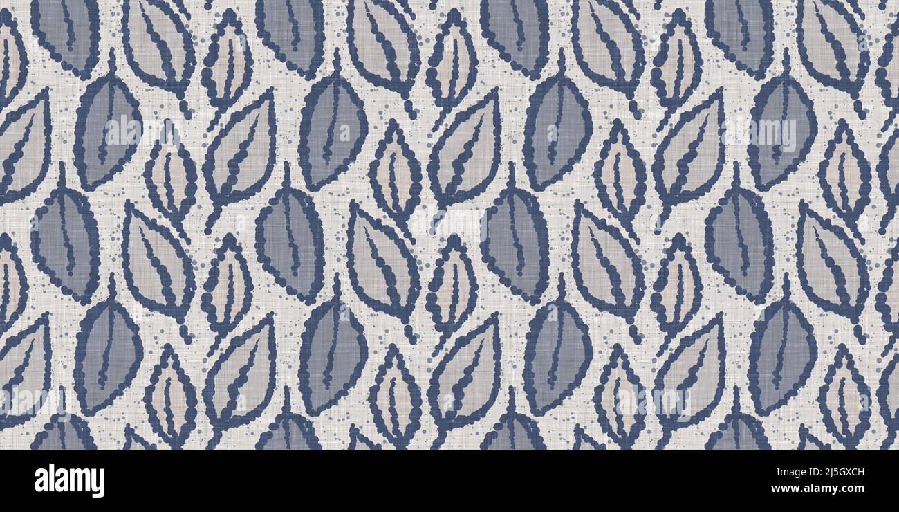 French blue botanical leaf linen seamless border with 2 tone country ...