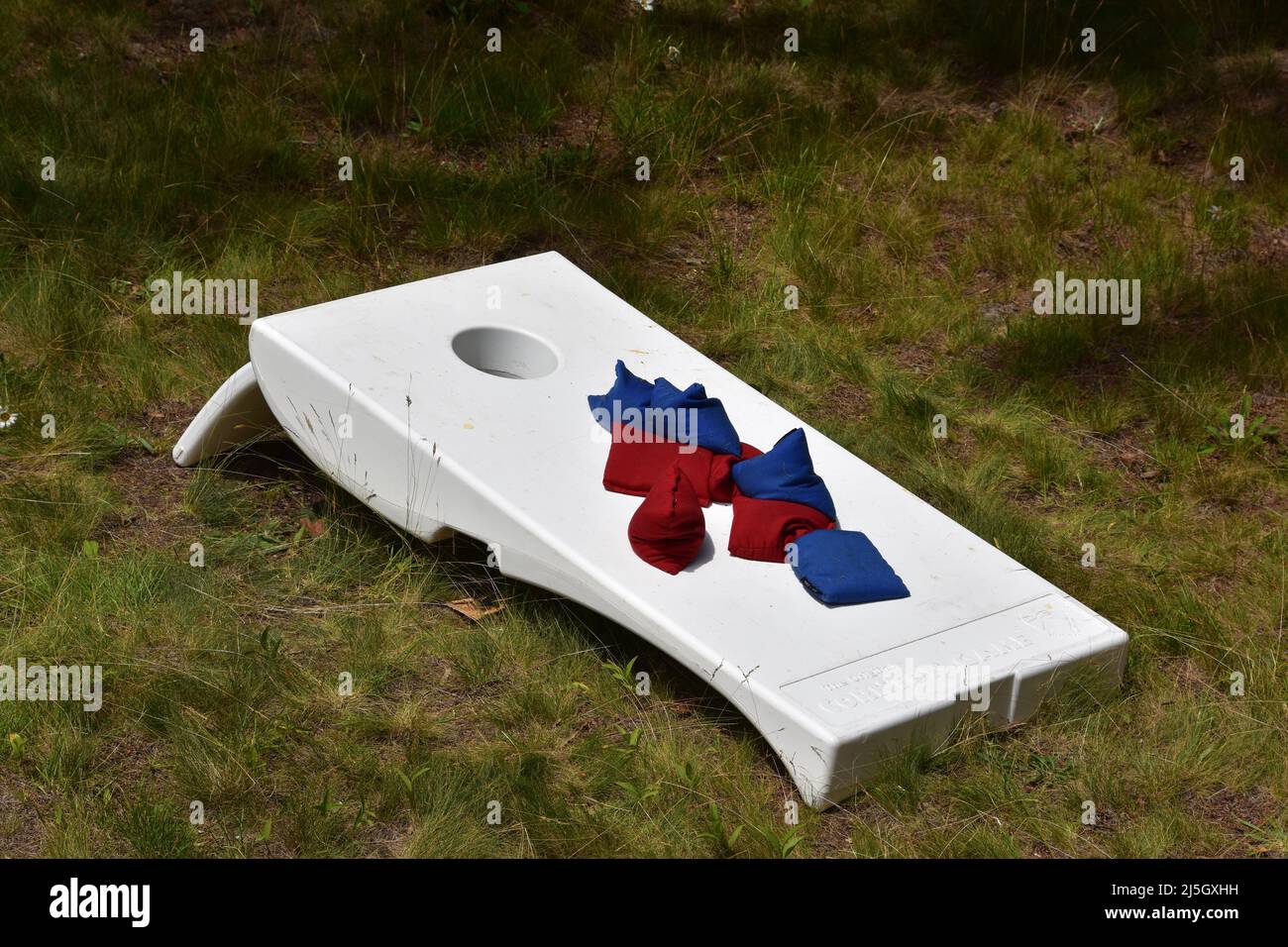 Tossing bean bags in a cornhole game outdoors on the grass Stock Photo
