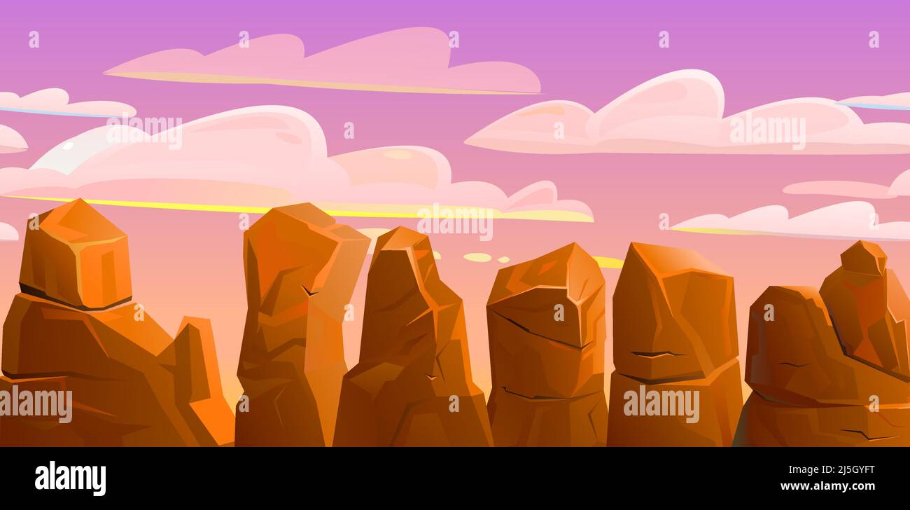 Rocky landscape. Sharp stone cliffs. View of an uninhabited planet.Horizontal illustration. Desert during the day. Red evening or morning. Vector. Stock Vector