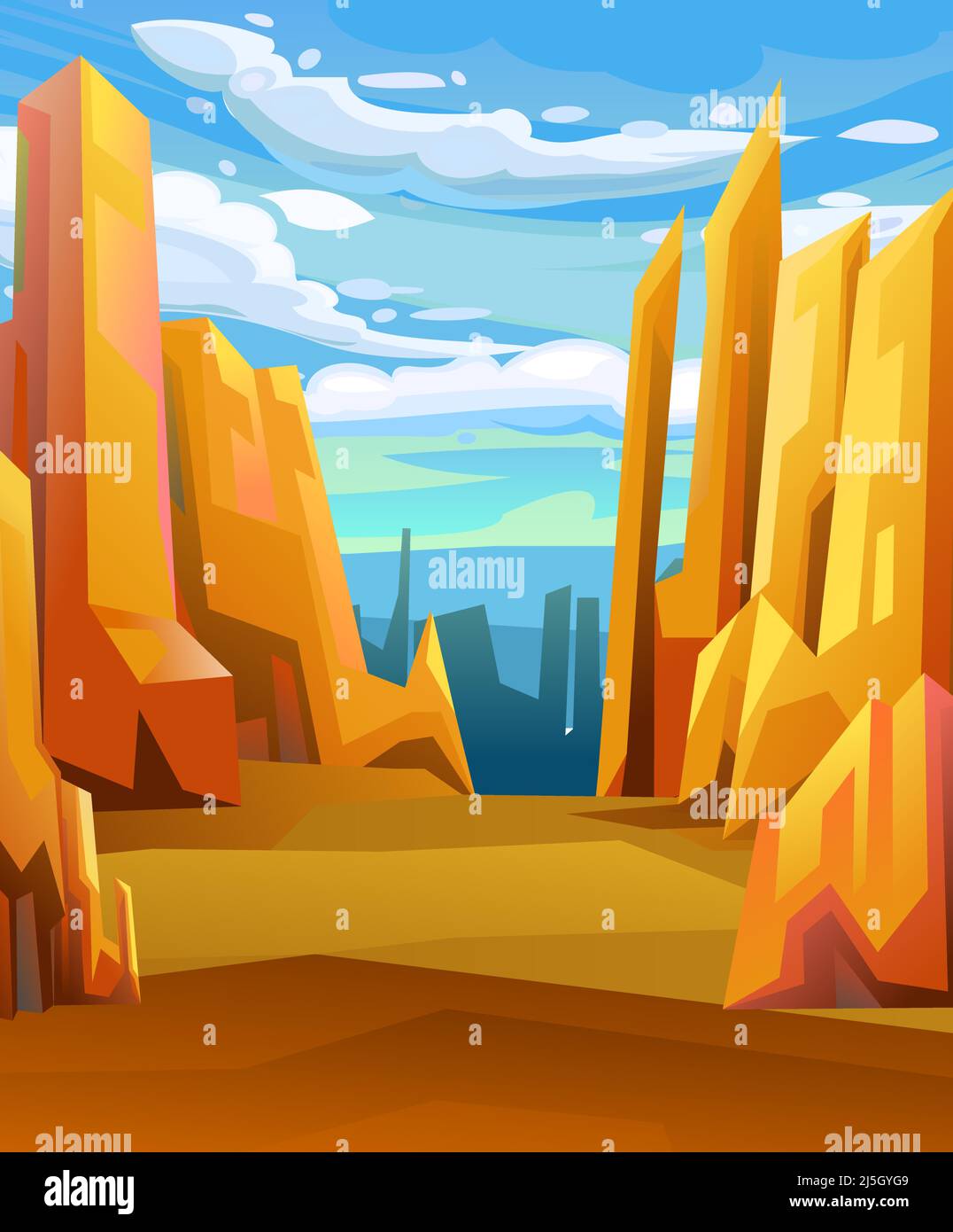Rocky landscape. Horizon far away. Path between obstacles. Sharp stone cliffs. View of an uninhabited planet. Desert during the day. Vector. Stock Vector