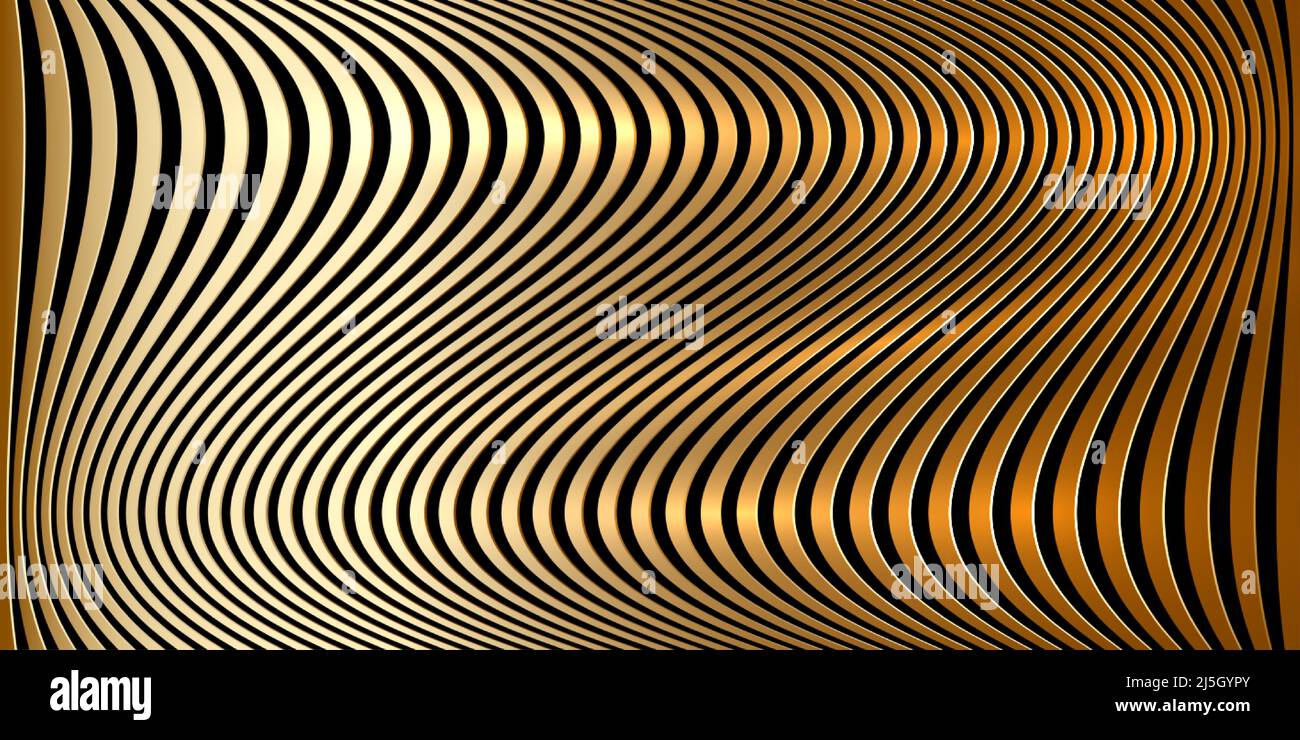 Gold wavy stripes banner. Psychedelic Africa zebra lines. Abstract pattern. Texture with wavy stripy curves. Optical art background Wave golden luxury Stock Vector