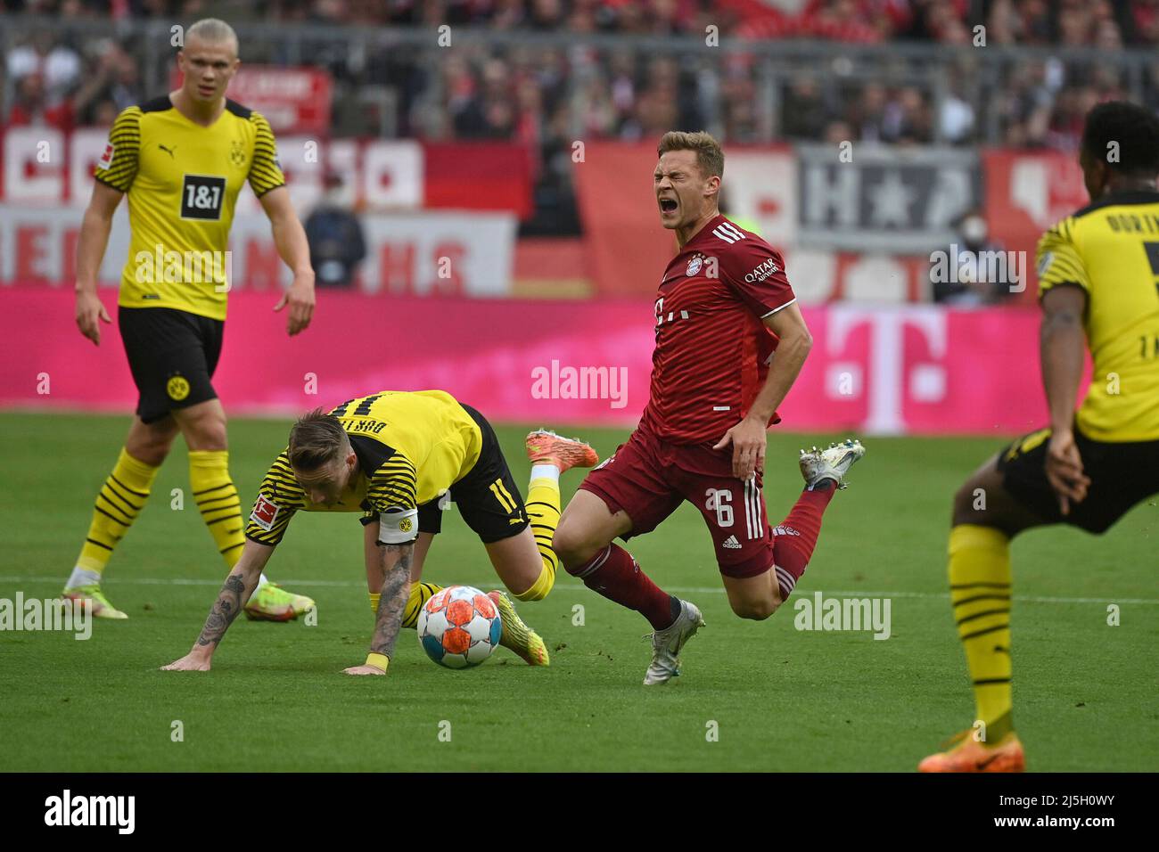 Joshua KIMMICH (FC Bayern Munich), action, duels versus Marco REUS (Borussia Dortmund). Football 1st Bundesliga season 2021/2022, 31.matchday, matchday31. FC Bayern Munich-Borussia Dortmund on April 9th, 2022, ALLIANZARENA Munich. Stock Photo