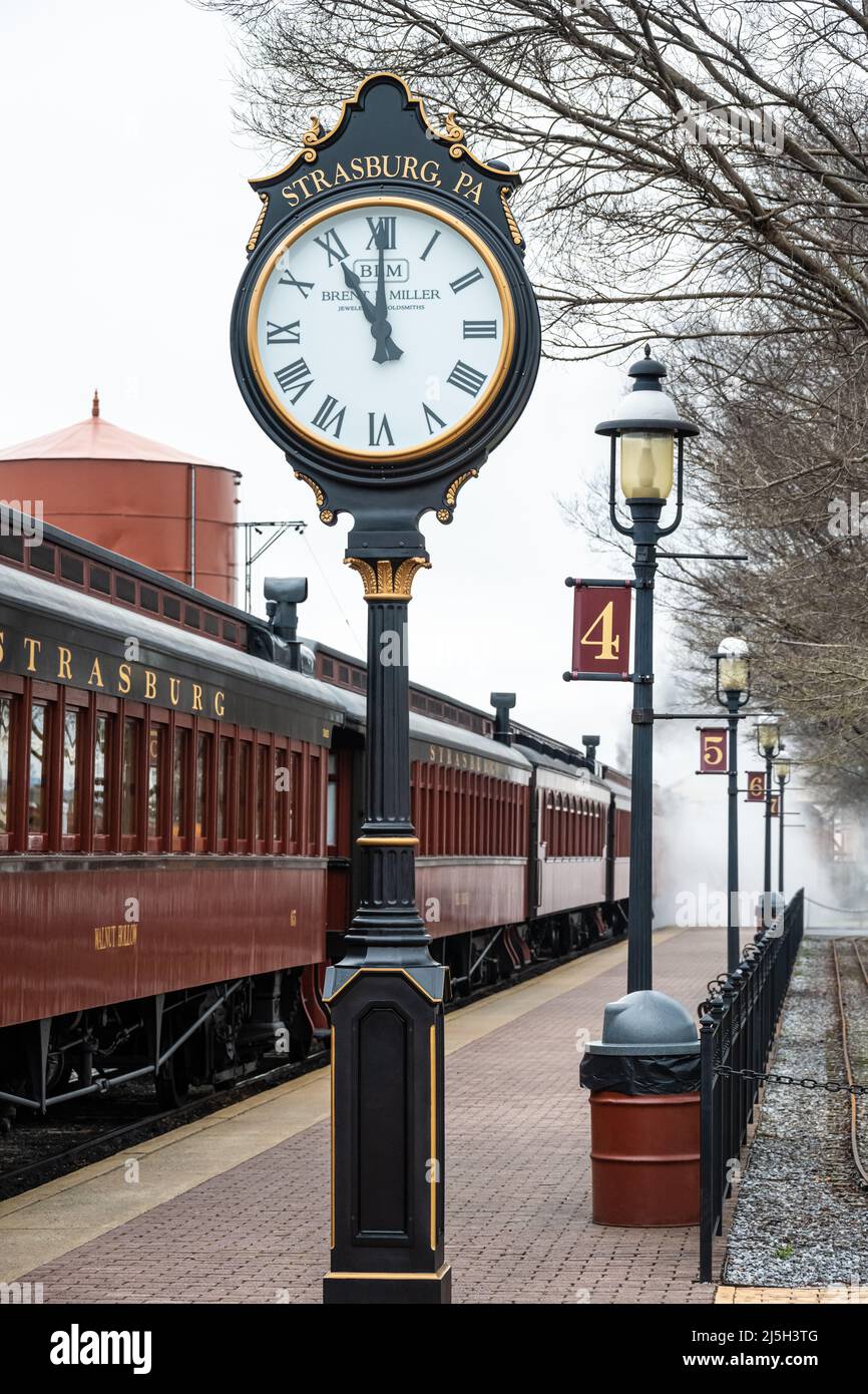 Vintage steam train preparing for departure from the Strasburg Rail Road Station in Lancaster County, Pennsylvania. (USA) Stock Photo