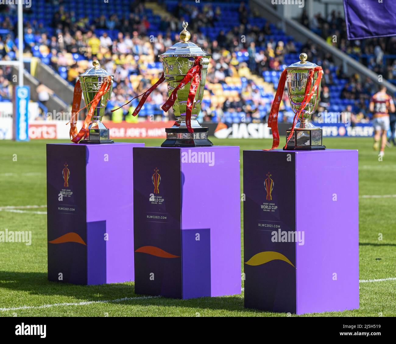 The Rugby League World Cup trophies on display at The Halliwell Jones Stadium Stock Photo