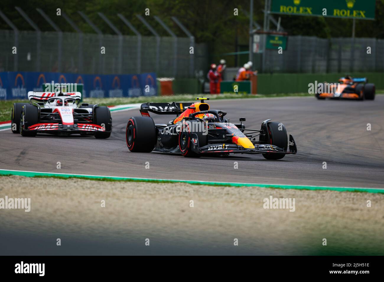 11 PEREZ Sergio (mex), Red Bull Racing RB18, 20 MAGNUSSEN Kevin (den), Haas F1 Team VF-22 Ferrari, action during the Formula 1 Grand Premio del Made in Italy e dell'Emilia-Romagna 2022, 4th round of the 2022 FIA Formula One World Championship, on the Imola Circuit, from April 22 to 24, 2022 in Imola, Italy - Photo: Florent Gooden/DPPI/LiveMedia Stock Photo