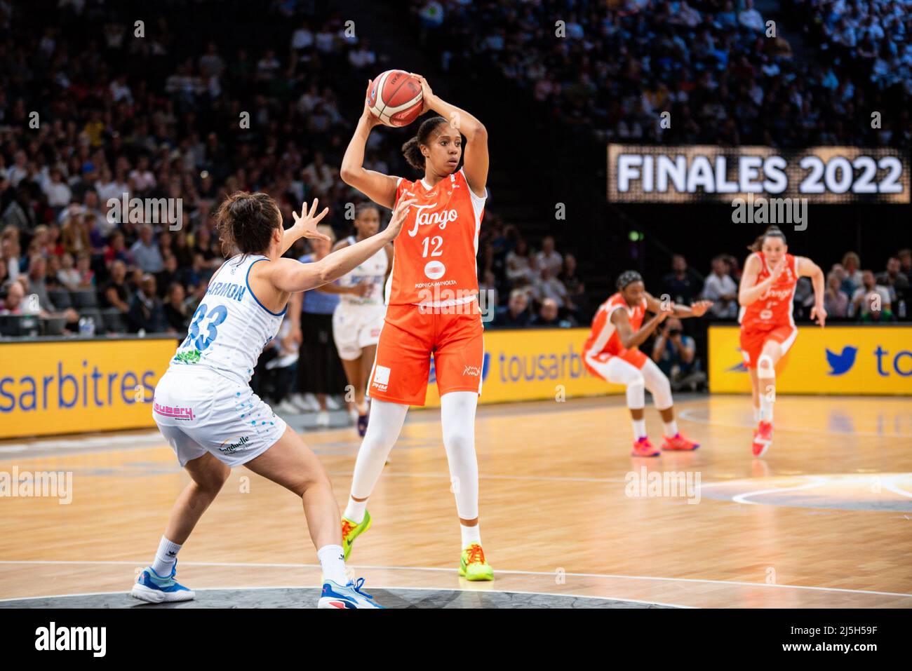 Jillian Harmon of Basket Landes and Iliana Rupert of Tango Bourges Basket  fight for the ball during the Women's French Cup, Final basketball match  between Basket Landes and Bourges Basket on April