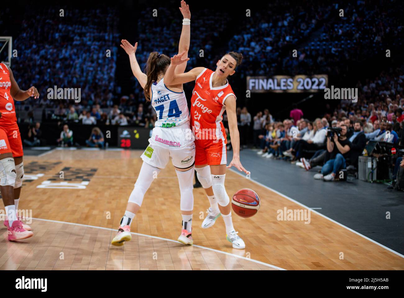 Marie Eve Paget of Basket Landes and Laetitia Guapo of Tango Bourges Basket  fight for the ball during the Women's French Cup, Final basketball match  between Basket Landes and Bourges Basket on