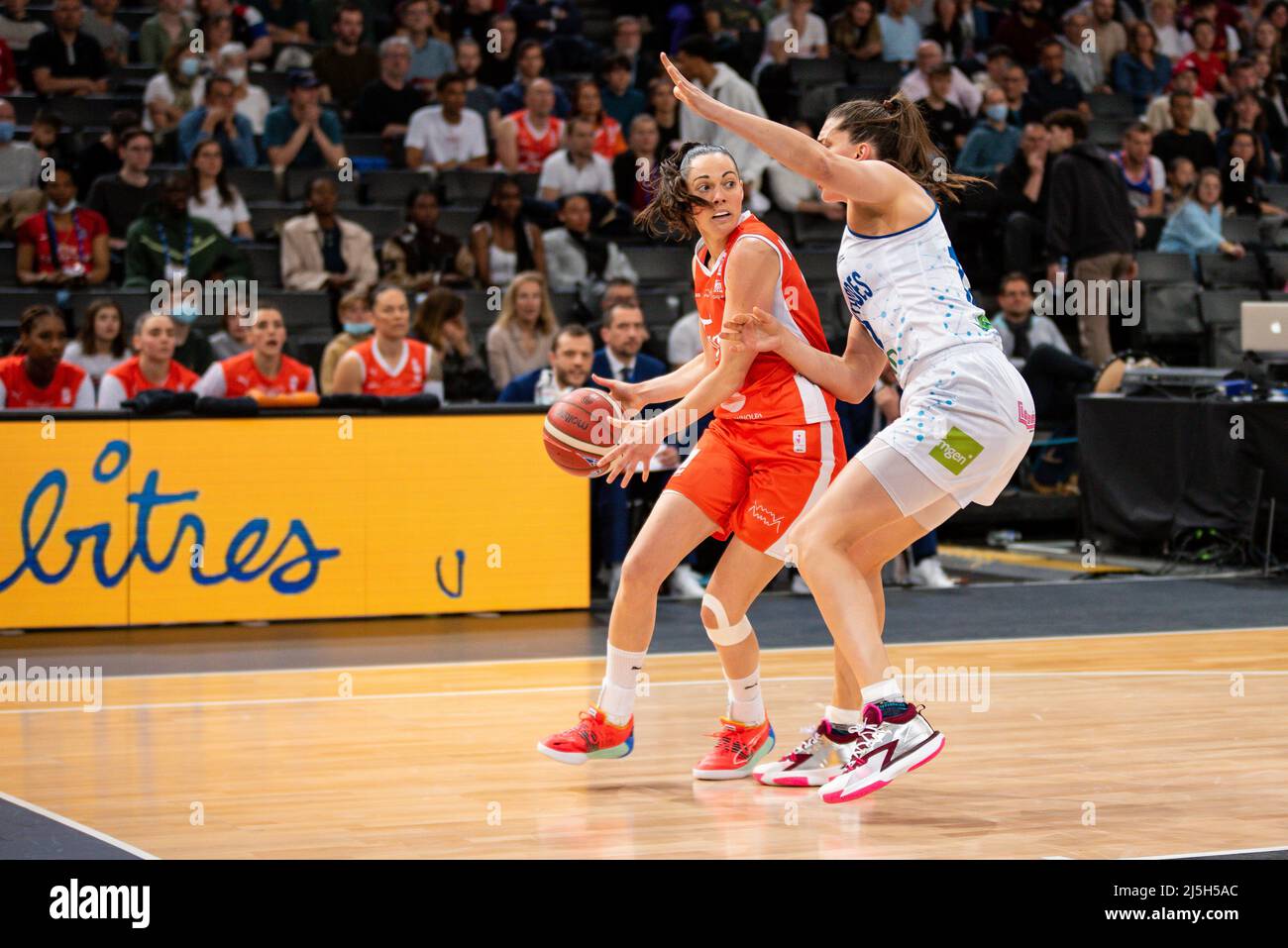 Sarah Michel of Tango Bourges Basket controls the ball during the Women's  French Cup, Final basketball match between Basket Landes and Bourges Basket  on April 23, 2022 at Accor Arena in Paris,
