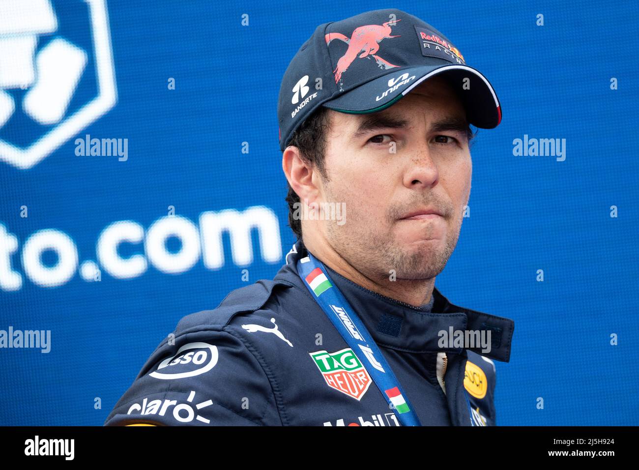 Sergio Perez of Red Bull Racing   at the end of the sprint race session on the eve  of the F1 Grand Prix of Emilia Romagna at Autodromo Enzo e Dino Ferrari on April 22, 2022 in Imola, Italy. Stock Photo
