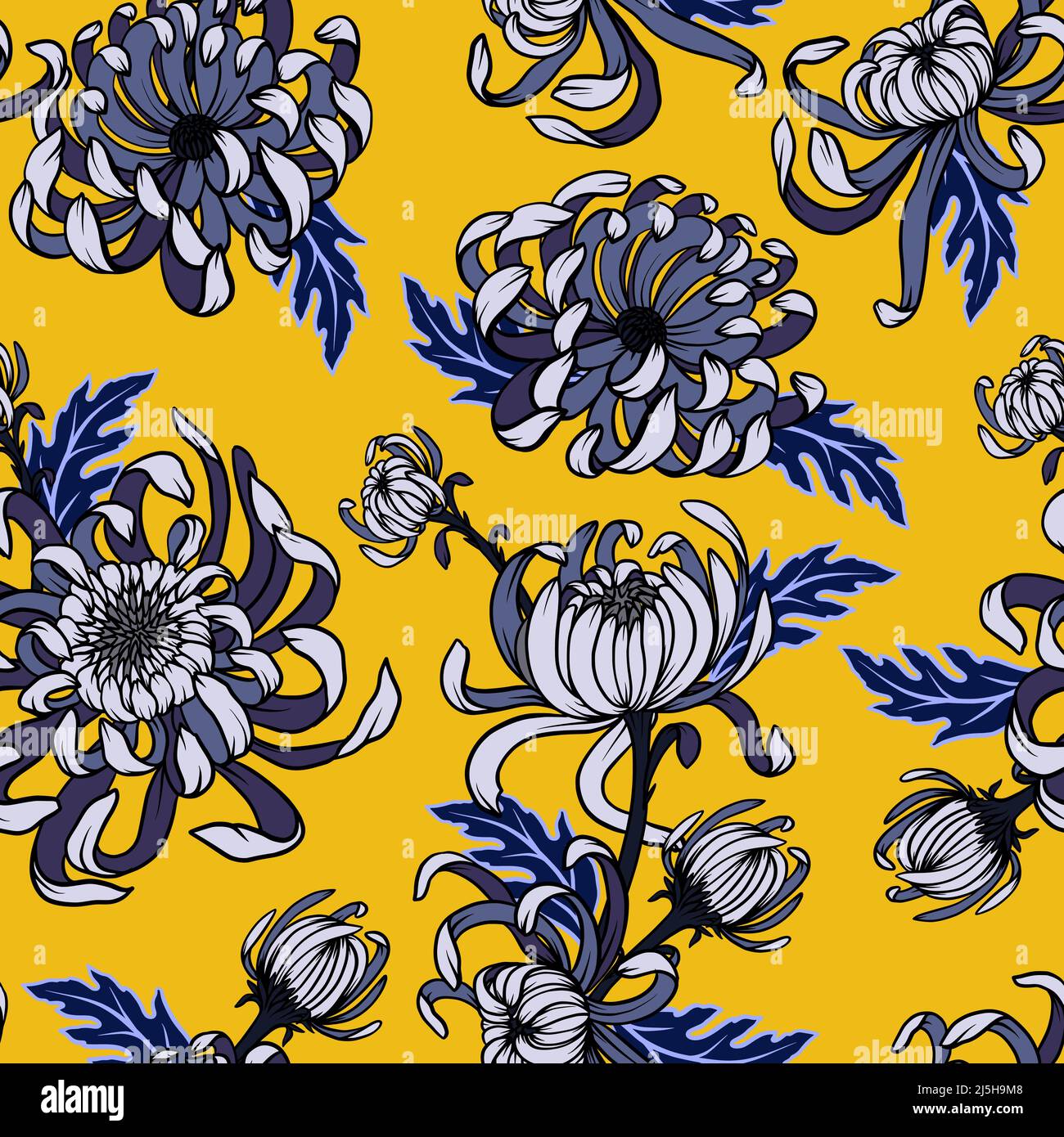 Seamless pattern with blue .chrysanthemums. Vector trendy print. Stock Vector