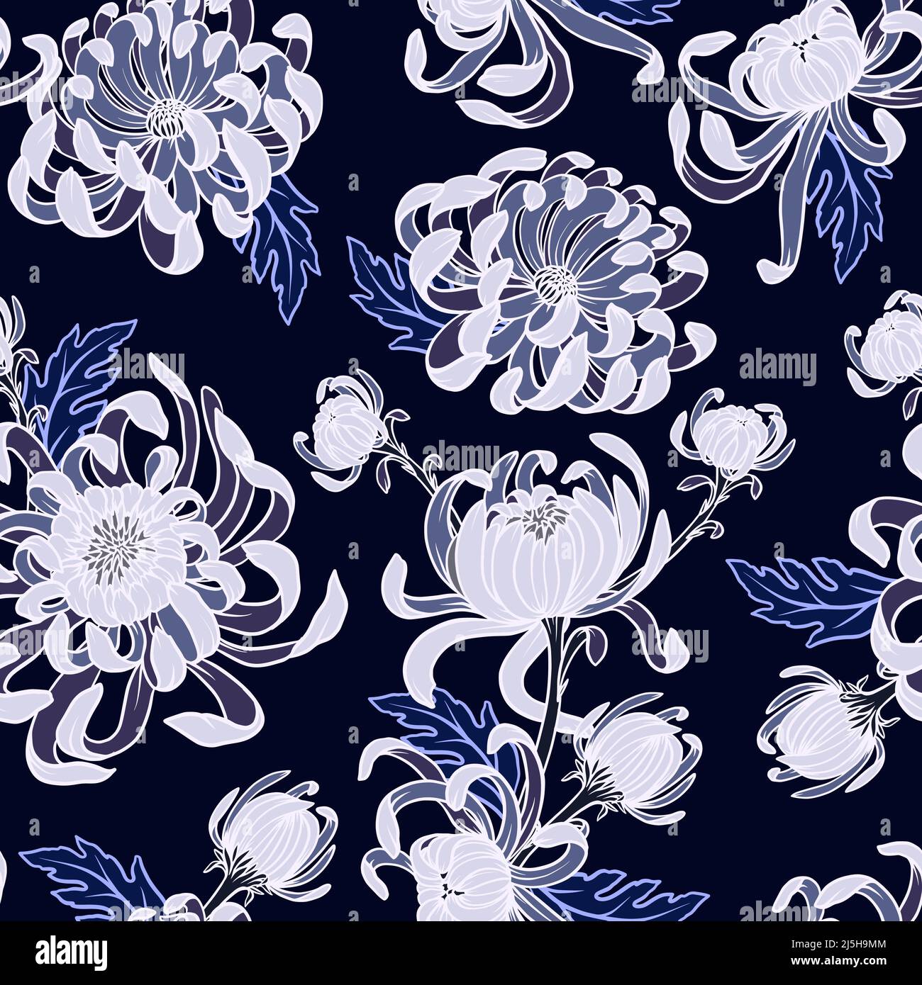 Seamless pattern with blue .chrysanthemums. Vector trendy print. Stock Vector