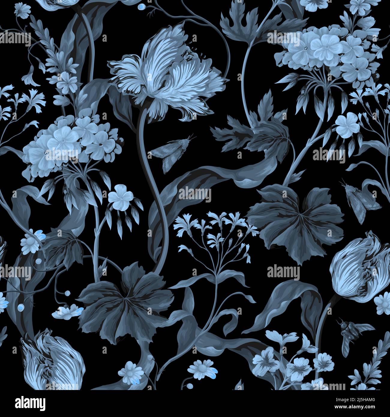 Seamless monochrome pattern with tulips, geraniums and bugs. Vector. Stock Vector