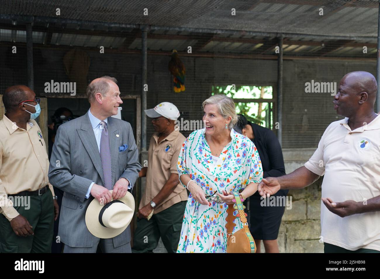 The Earl and the Countess of Wessex with St Vincent's national bird, the Amazona guildingii after it nearly knocked her sunglasses at the Botanical Gardens in St Vincent and the Grenadines, as they continue their visit to the Caribbean, to mark the Queen's Platinum Jubilee. Picture date: Saturday April 23, 2022. Stock Photo