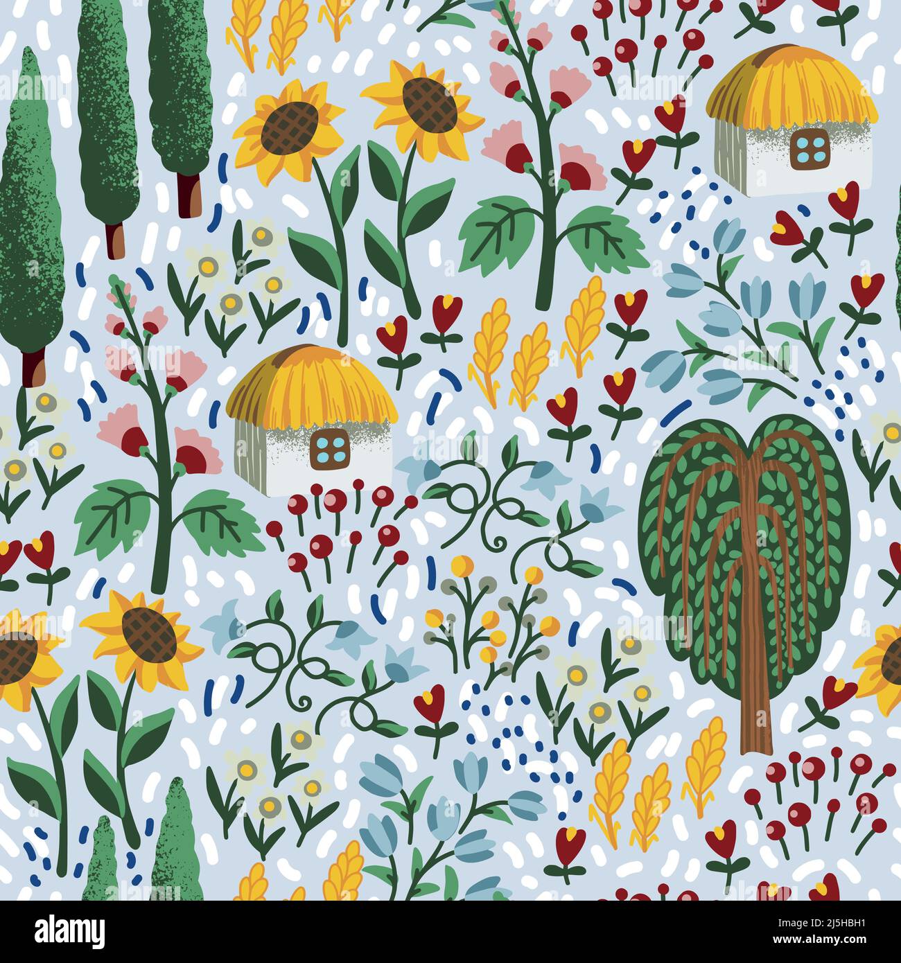 Seamless pattern with Ukrainian house and flowers. Textile vector. Stock Vector