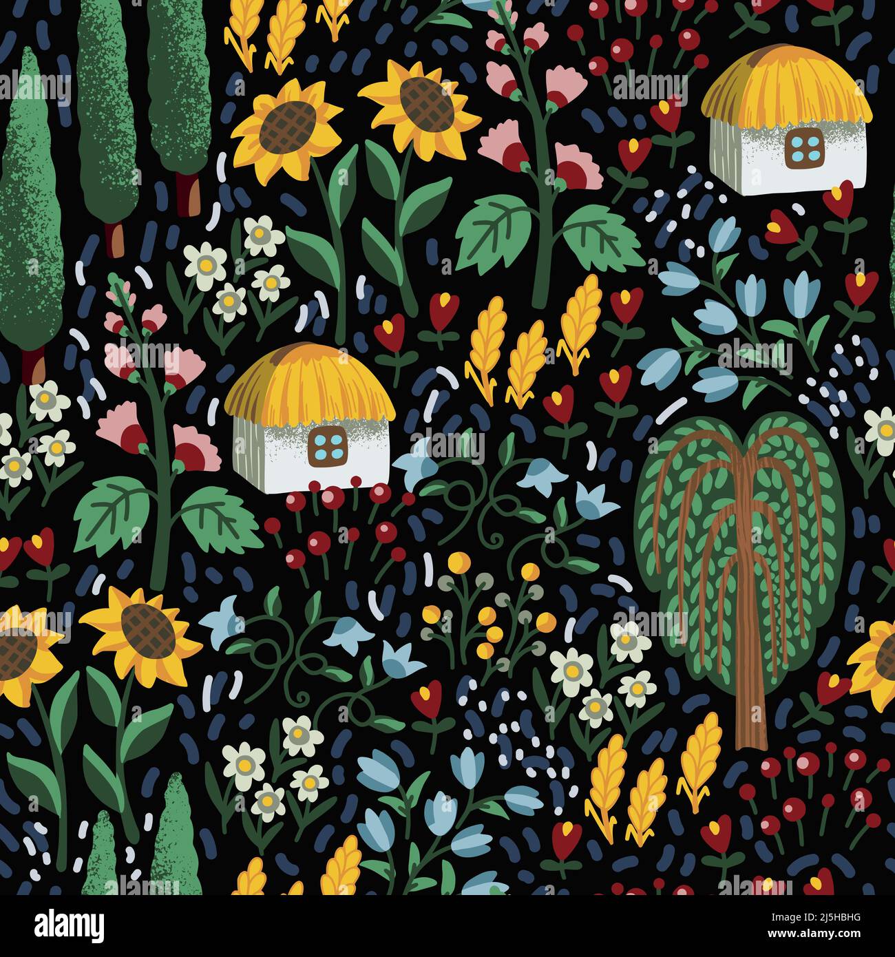Seamless pattern with Ukrainian house and flowers. Textile vector. Stock Vector