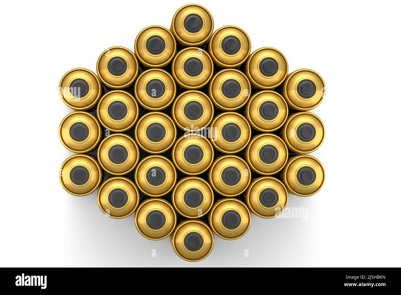 Set of gold spray paint cans in row on white background. 3d render