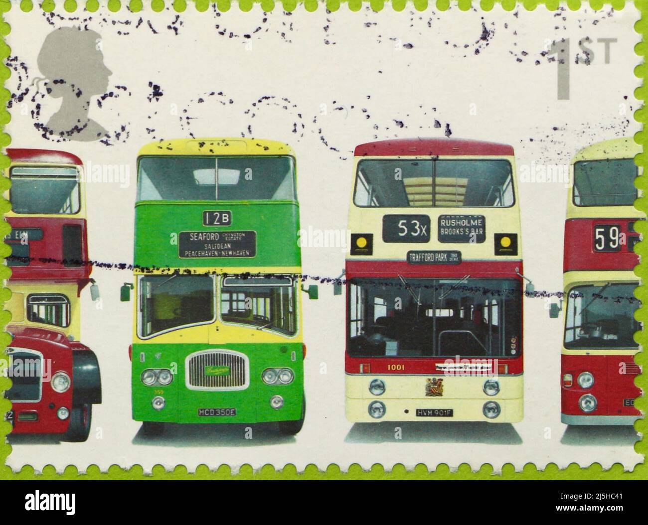 Photo of a British postage stamp commemorating the 150th anniversary of the first double decker bus 2001 Stock Photo