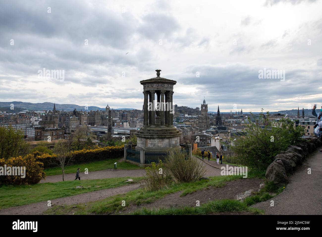 Views from Calton Hill, looking over Edinburgh with the Dugald Stewart Monument in the distance Stock Photo