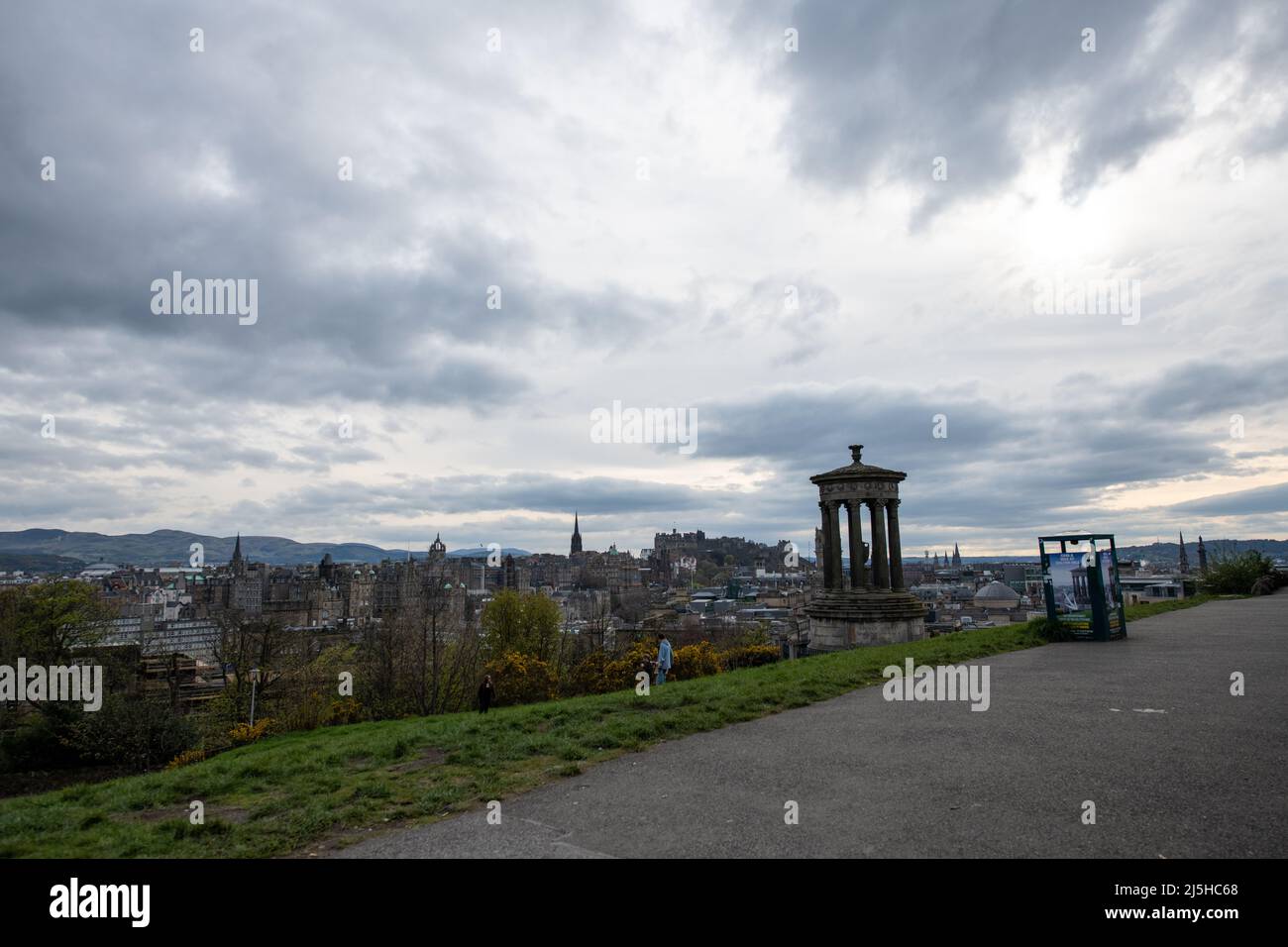 Views from Calton Hill, looking over Edinburgh with the Dugald Stewart Monument in the distance Stock Photo