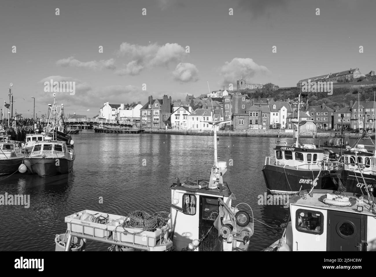 Black and white photo of Whitby marina in North Yorkshire Stock Photo ...