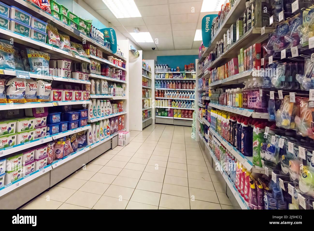 Shop shelving with washing and cleaning products, UK Stock Photo