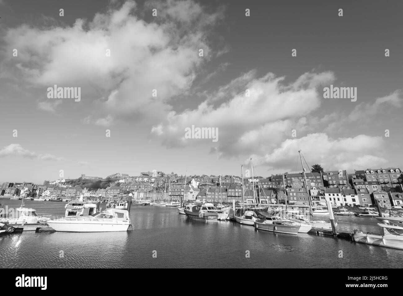 Black and white photo of Whitby marina in North Yorkshire Stock Photo ...