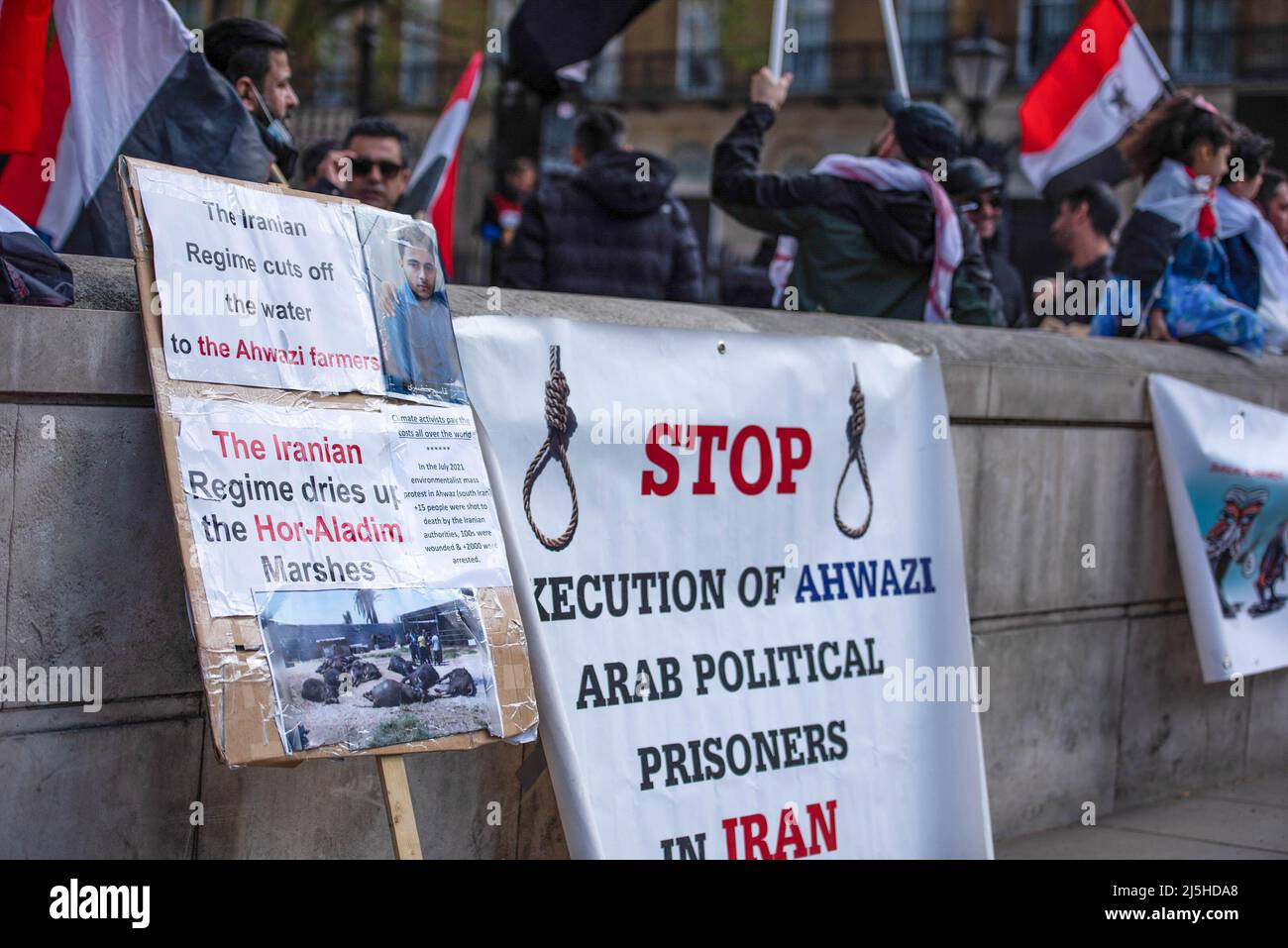 London, UK. 23rd Apr, 2022. Banners and placards are displayed during the Iran protest at Whitehall. There's a water shortage/crisis in Khuzestan, but the government of Iran is focused on crushing protestors who rally for this issue rather than dealing with the water crisis. Credit: SOPA Images Limited/Alamy Live News Stock Photo
