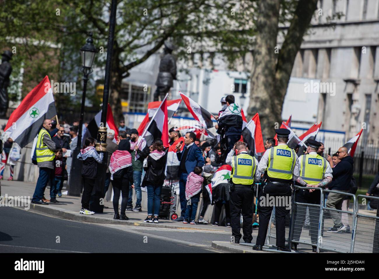 London, UK. 23rd Apr, 2022. Police officers stand on guard during the Iran protest at Whitehall. There's a water shortage/crisis in Khuzestan, but the government of Iran is focused on crushing protestors who rally for this issue rather than dealing with the water crisis. Credit: SOPA Images Limited/Alamy Live News Stock Photo