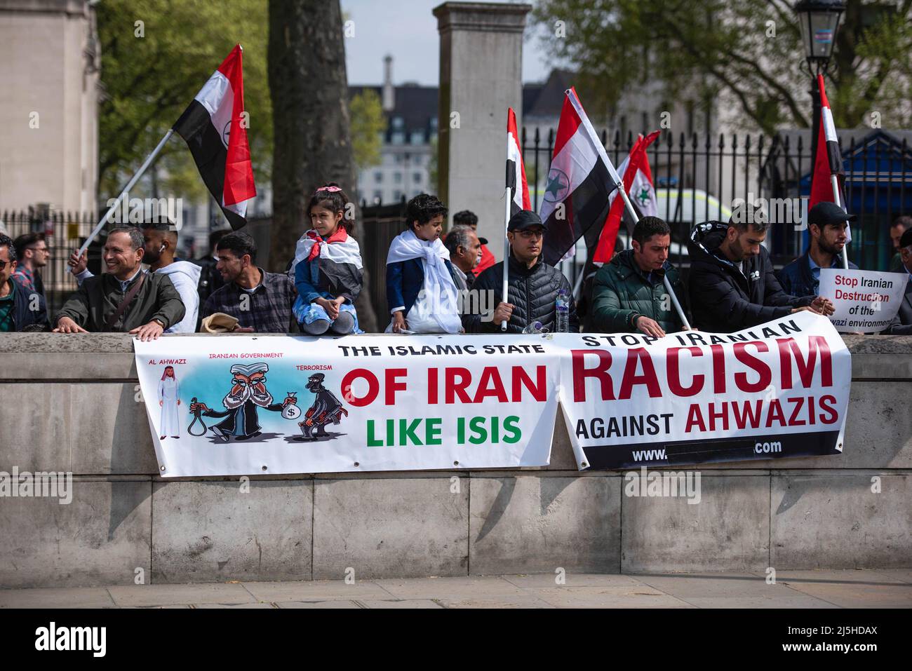 London, UK. 23rd Apr, 2022. Large banners are displayed during the Iran protest at Whitehall. There's a water shortage/crisis in Khuzestan, but the government of Iran is focused on crushing protestors who rally for this issue rather than dealing with the water crisis. Credit: SOPA Images Limited/Alamy Live News Stock Photo