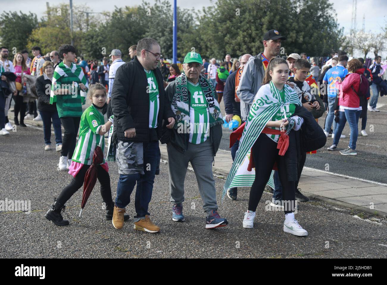 Betis fans during the Copa del Rey match between Real Betis and Valencia CF played at La Cartuja Stadium on April 23, 2022 in Sevilla, Spain. (Photo by Antonio Pozo / PRESSINPHOTO) Stock Photo