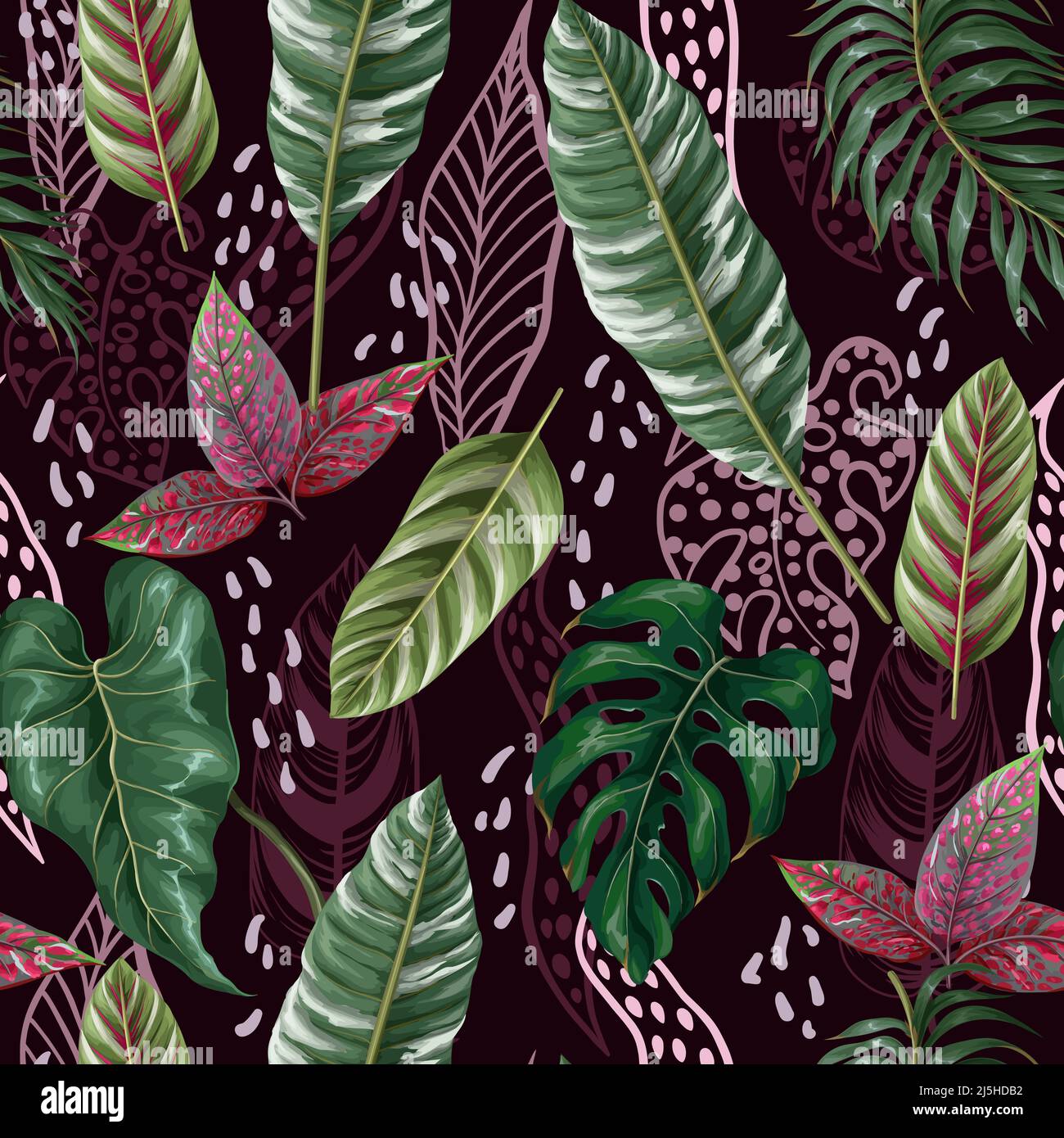Seamless pattern with tropical leaves and graphic leaf. Vector. Stock Vector