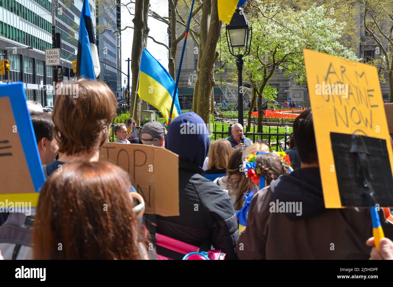 The Consulate General of Ukraine in New York City is speaking during the demonstration against the Russian Invasion of Ukraine  in Lower Manhattan, Ne Stock Photo