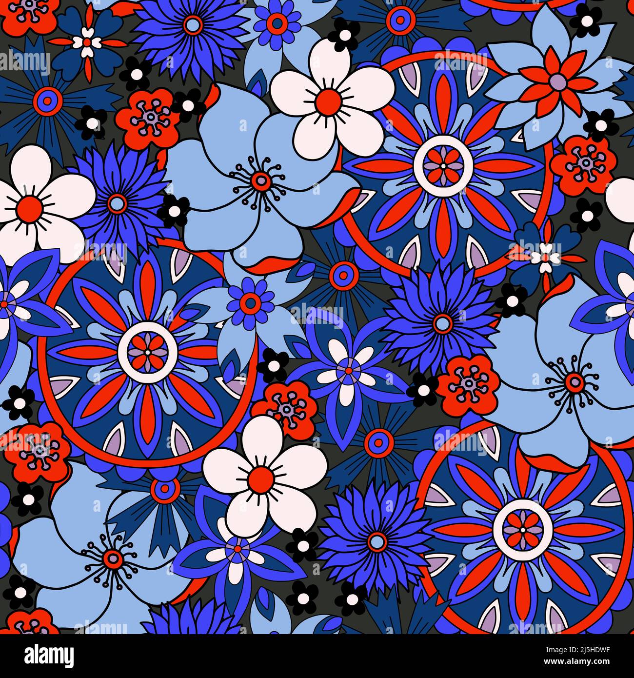 Seamless pattern with flowers in hippie style. Vector. Stock Vector