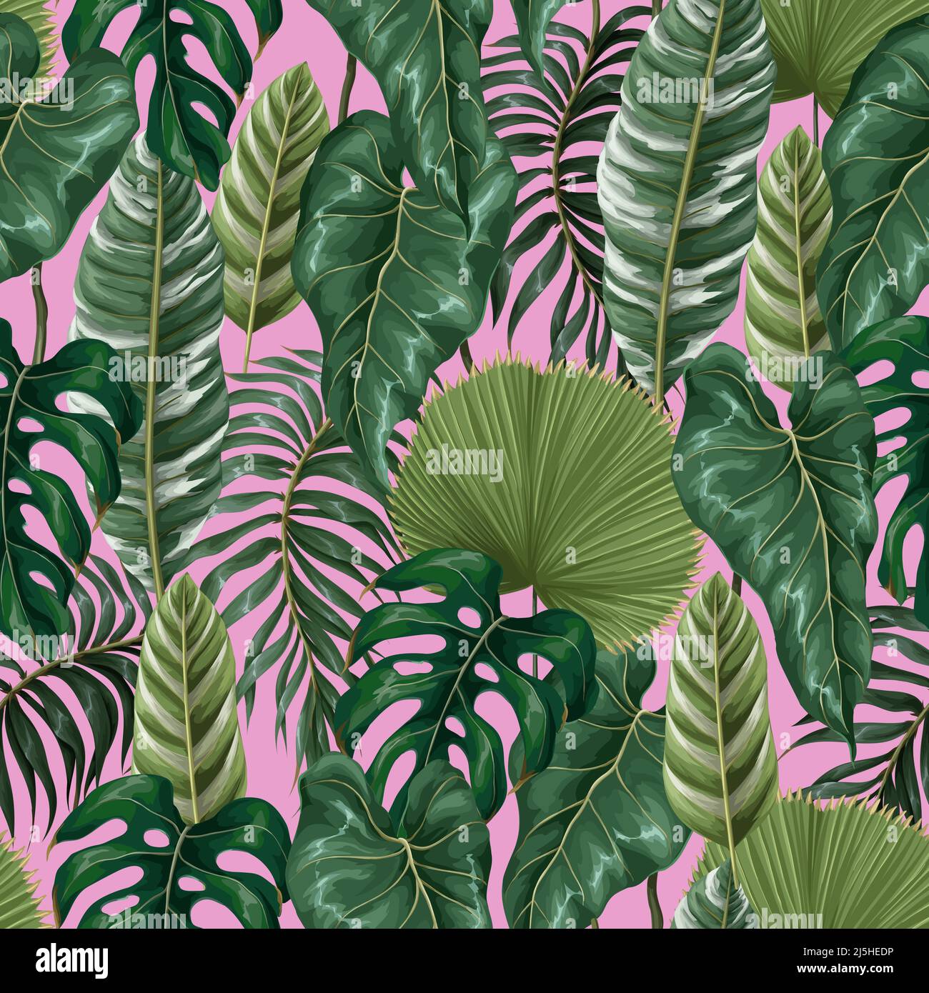 Seamless pattern with tropical leaves on the pink background.Vector. Stock Vector