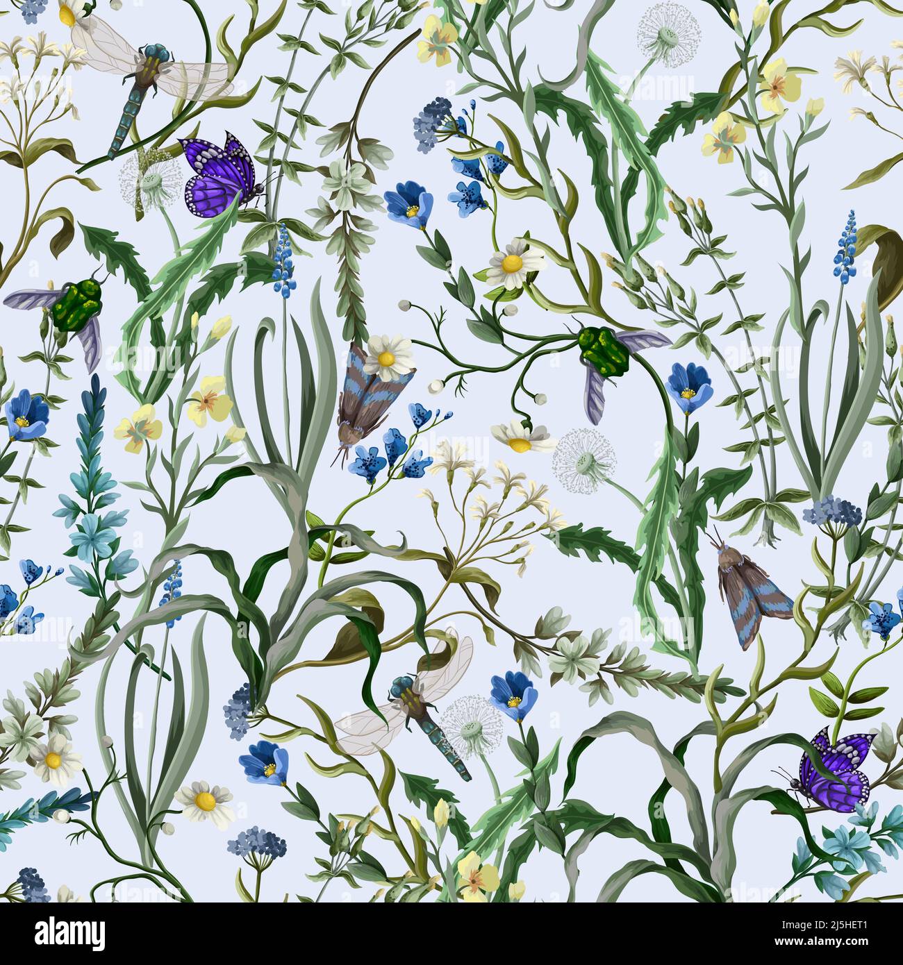 Seamless pattern with wild flowers and bugs. Vector. Stock Vector
