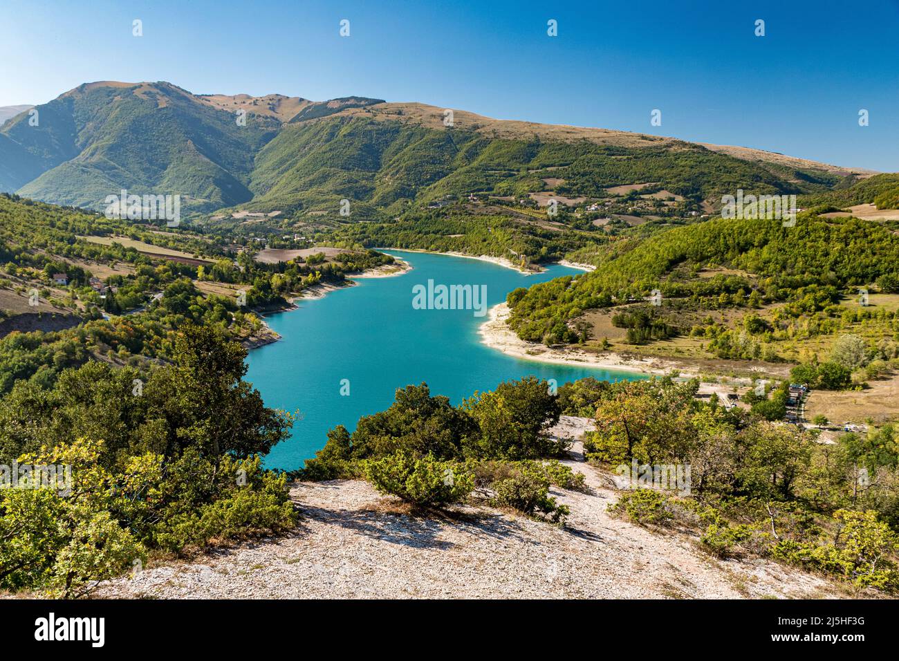 Aerial view of lake Fiastra in Sibillini mountains. Marche, Italy. Stock Photo