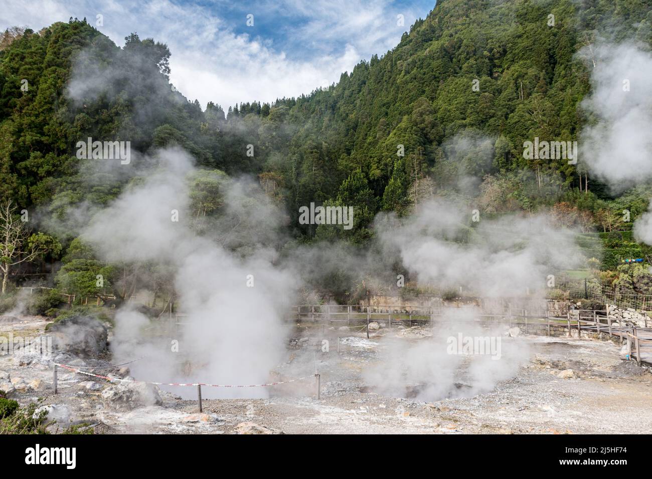 Steamy hot springs near the shores of Lagoa das Furnas, in the Sao Miguel island. Azores, Portugal. Stock Photo
