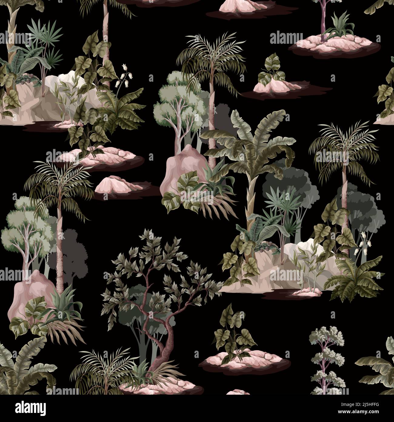 Seamless pattern with vintage trees and palms, plants. Vector. Stock Vector