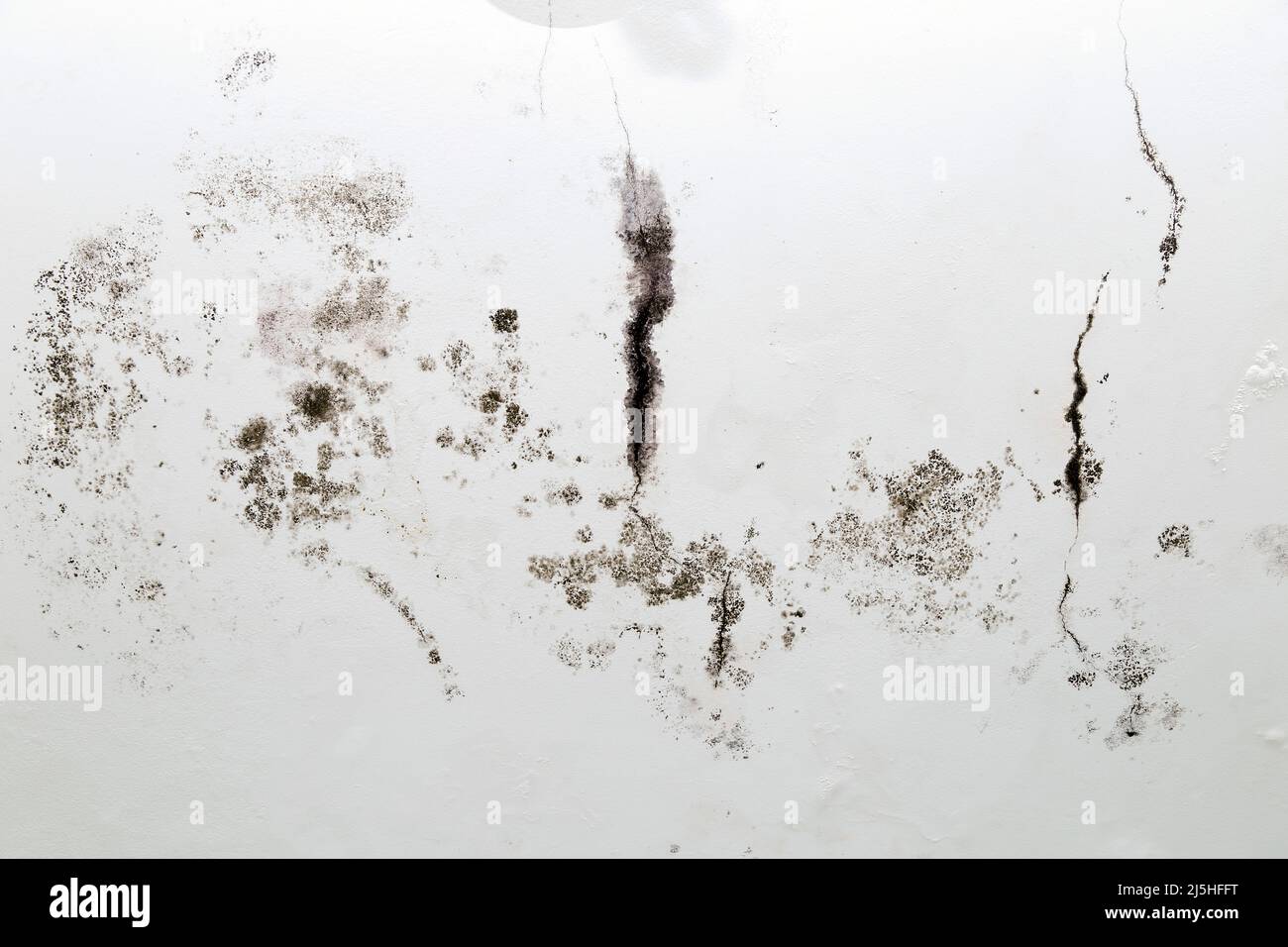 infiltration of water, mold and cracks in the wall and white roof of the house Stock Photo