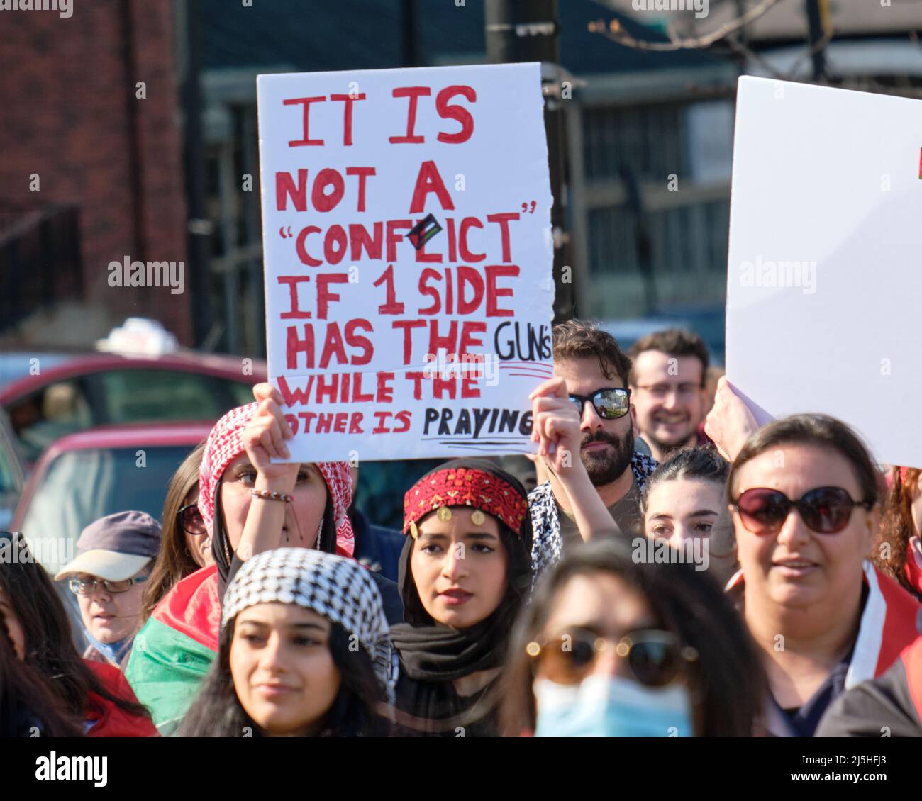Halifax, Nova Scotia, Canada. April 23rd, 2022.  About one hundred members of local diaspora and allies marched through the centre of Halifax demanding Freedom for Palestine as attacks intensify in the territories, organised by Free Palestine Halifax.  Credit: meanderingemu /Alamy Live News Stock Photo